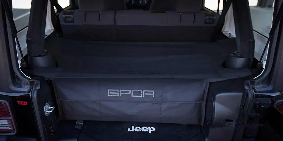 Jeep Wrangler JK 4DR Cargo Freedom Pack LITE cargo organizer by GPCA in black, rear cargo area on Tampa Home & Garden Store
