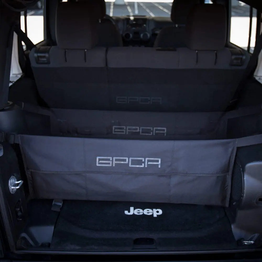 GPCA Cargo Freedom Pack LITE in black Jeep Wrangler JK 4DR cargo with stacked organizers and mat on Tampa Home & Garden Store