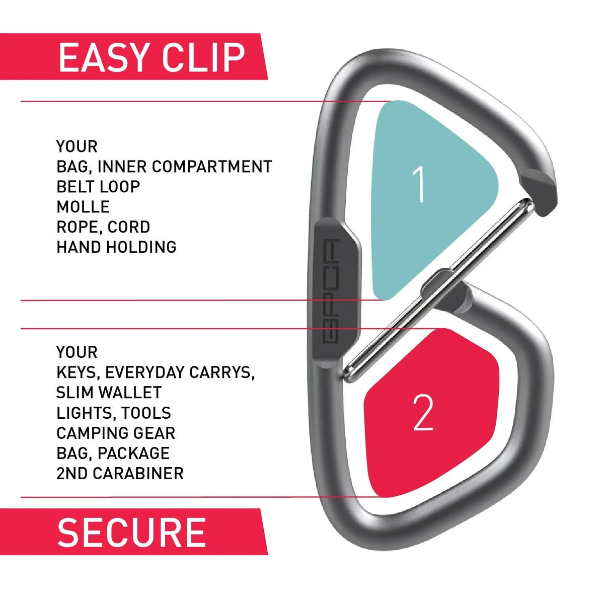 GPCA Carabiner Loop LITE EDC keychain with silver metal carabiner and black hinge clip on Tampa Home & Garden Store