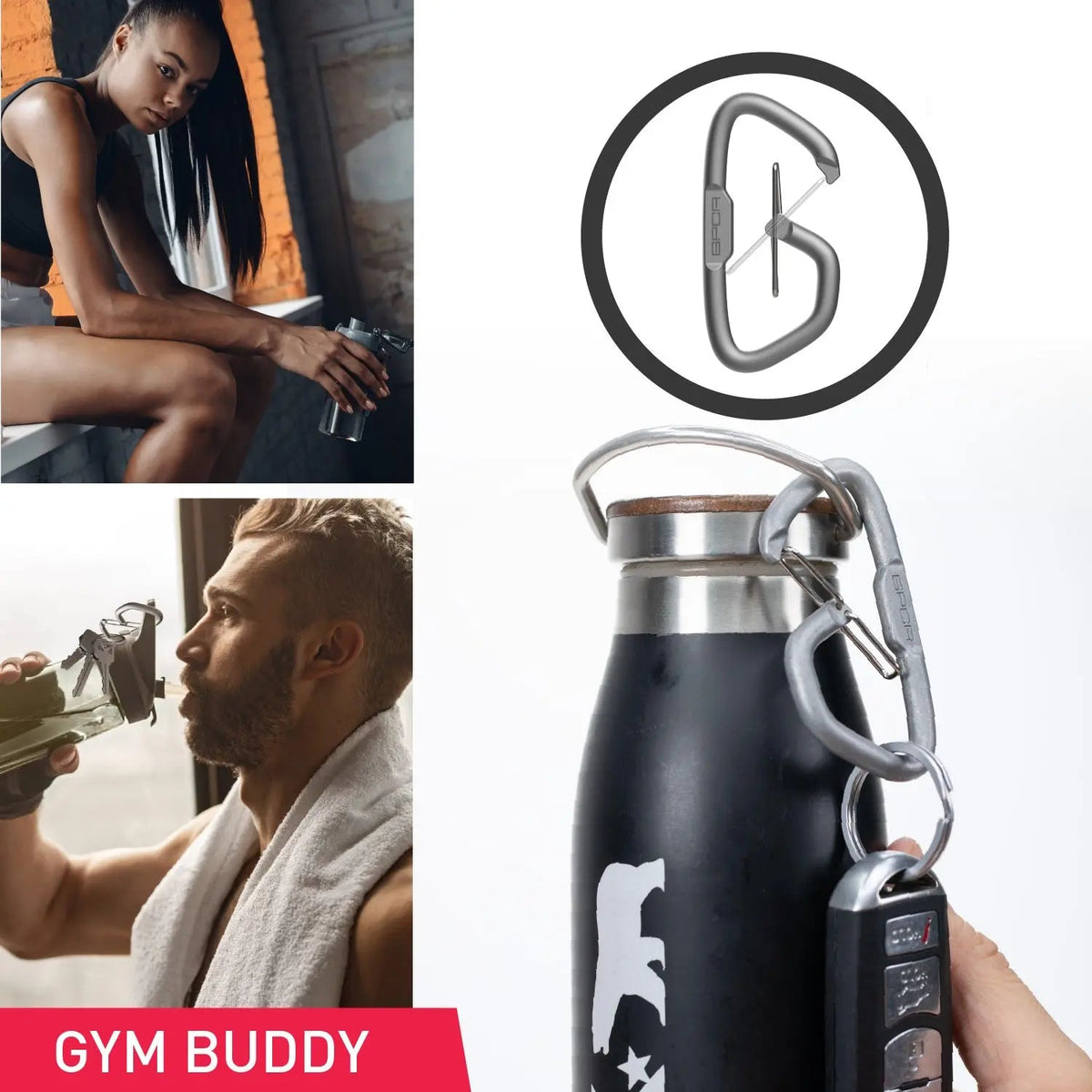 GPCA Carabiner Loop LITE EDC keychain in metallic gray attached to a water bottle on Tampa Home & Garden Store