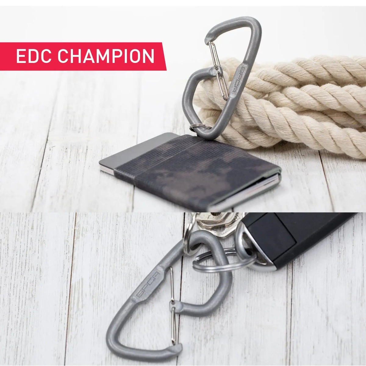 GPCA Carabiner Loop LITE EDC keychain with metal carabiner and rope beside a slim dark wallet on Tampa Home & Garden Store