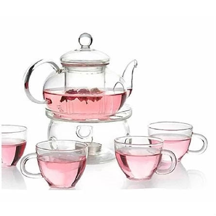 Juego de tetera de cristal de 6 piezas con 4 tazas, calentador de tetera e infusor
