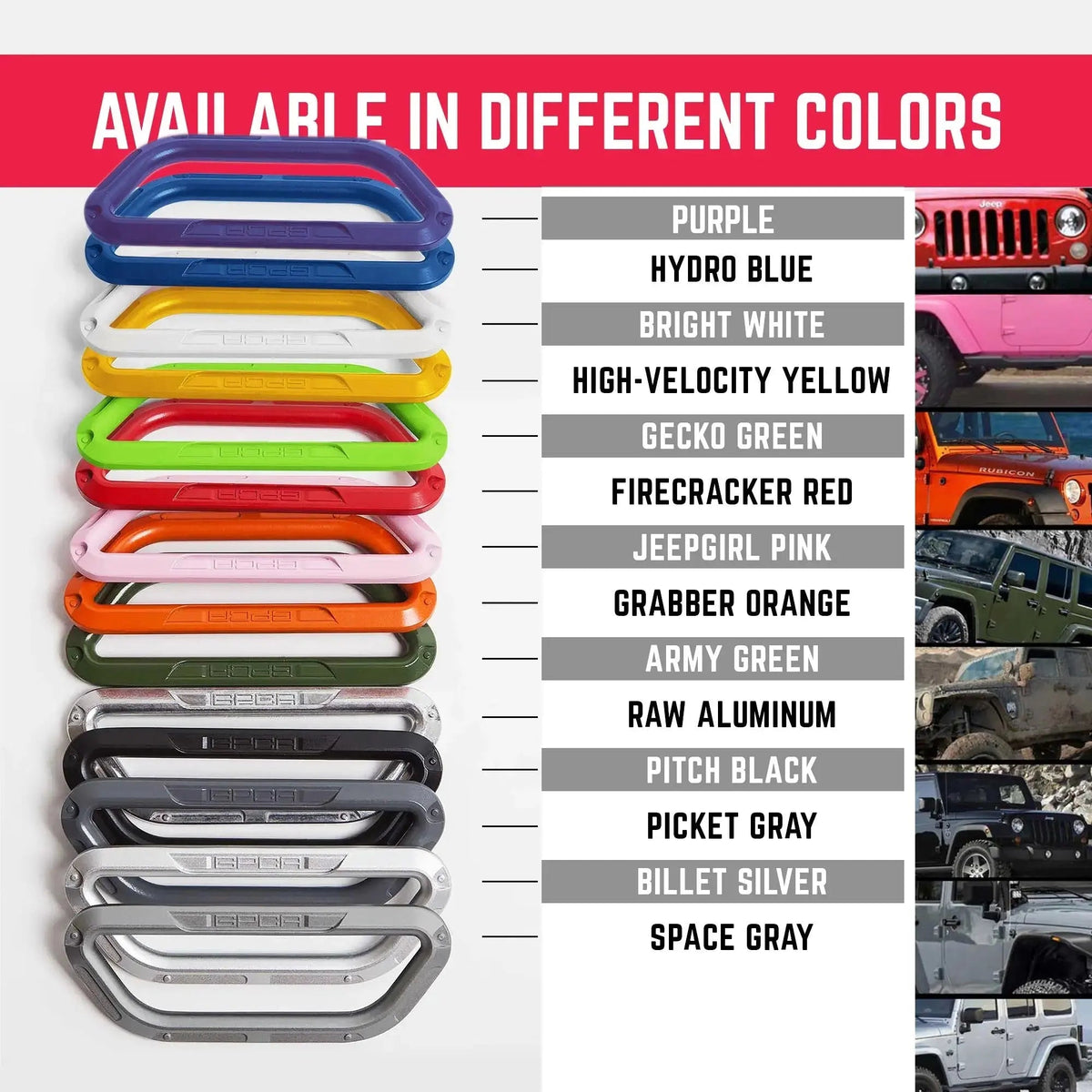 GP-Grip PRO Survivor Pack 2007-23 car gear by GPCA stacked colorful grips beside Jeep images on Tampa Home & Garden Store