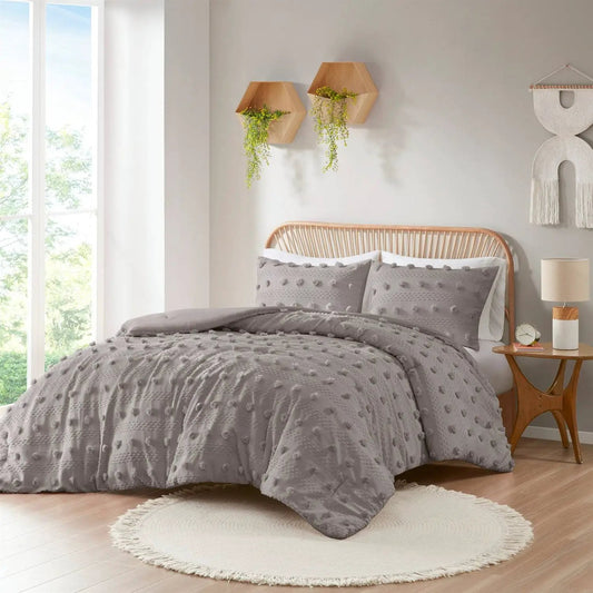 King Cal King Grey Microfiber Pompoms 3-Piece Comforter Set with pompom shams on bed on Tampa Home & Garden Store