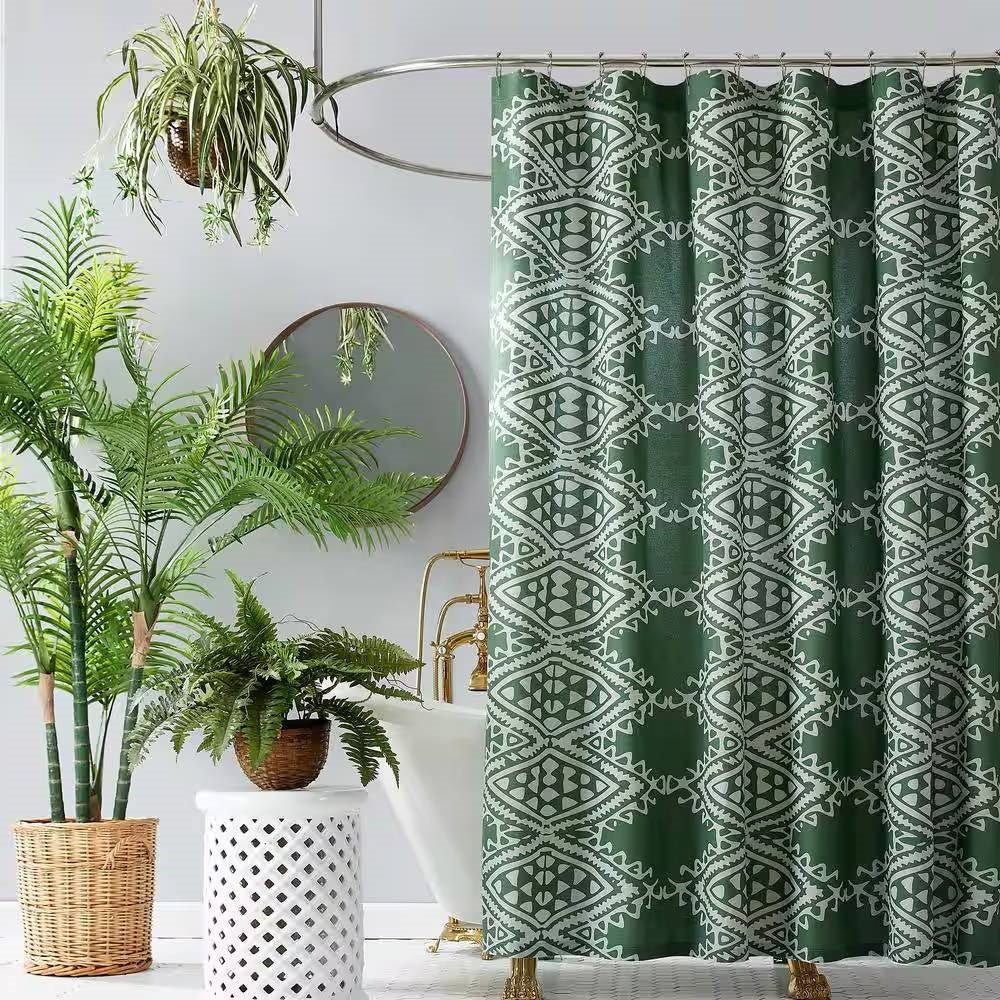 Cortina de ducha de algodón y poliéster de 72 x 72 pulgadas con estampado de motivo geométrico verde y blanco