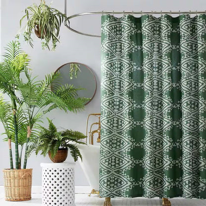 Cortina de ducha de algodón y poliéster de 72 x 72 pulgadas con estampado de motivo geométrico verde y blanco