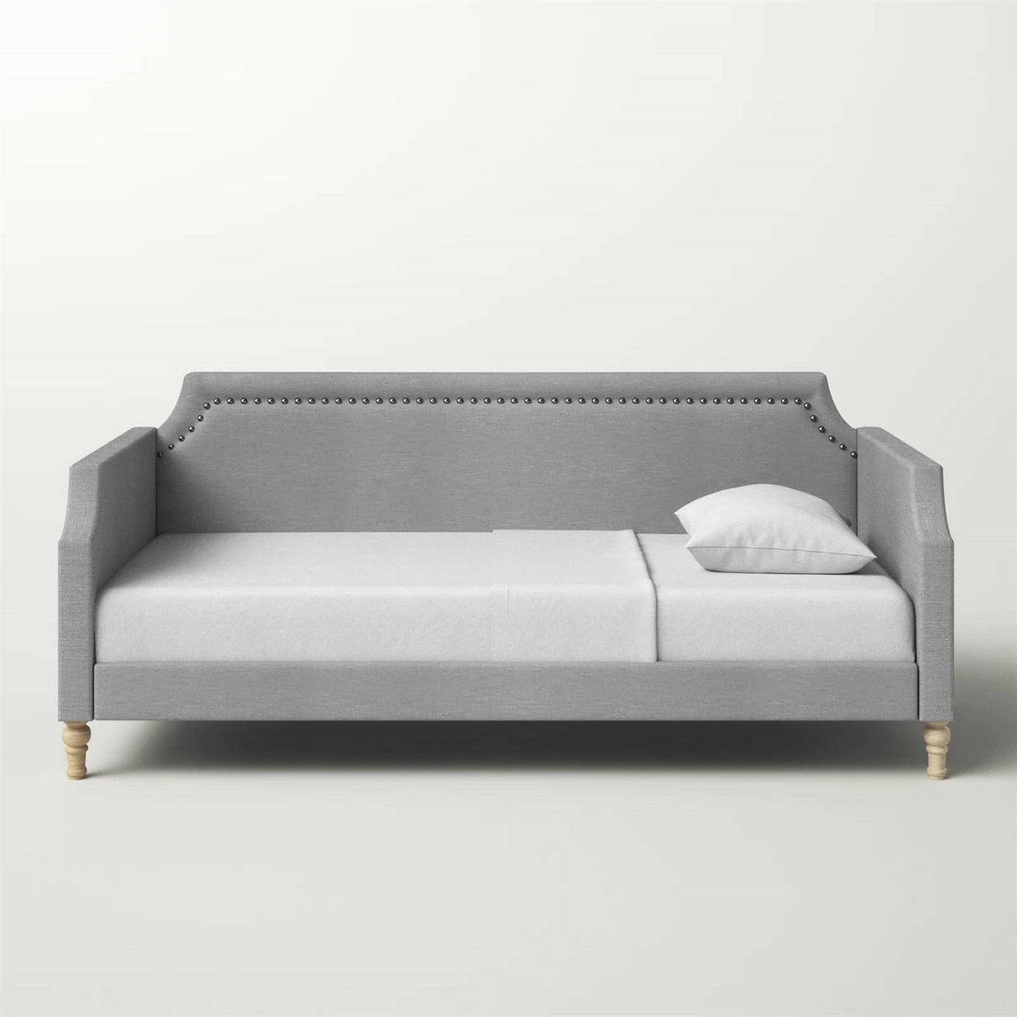 Cama de día individual tapizada en tela de poliéster gris con detalles de tachuelas