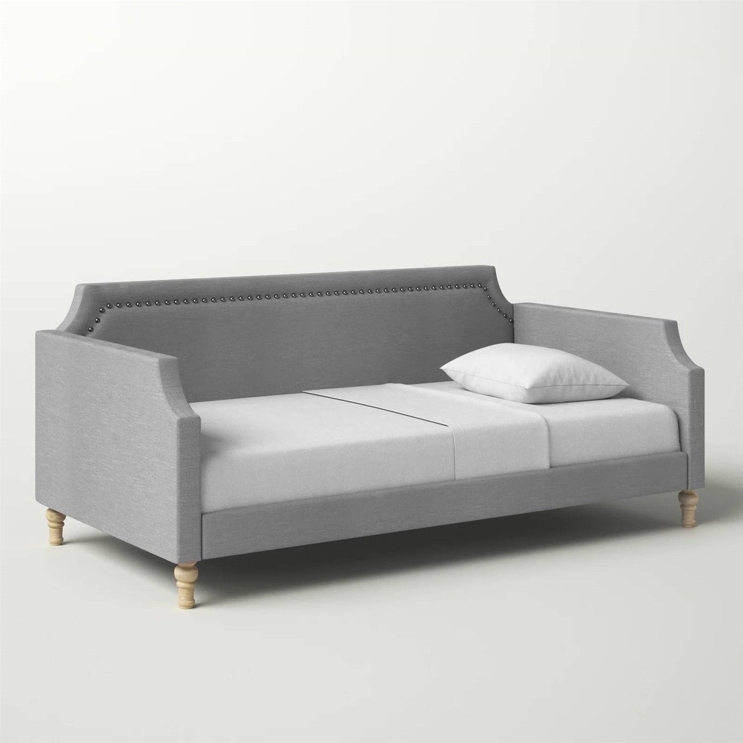 Cama de día individual tapizada en tela de poliéster gris con detalles de tachuelas