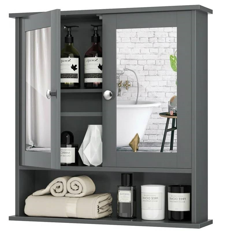 Botiquín/armario de pared para baño de madera gris con puertas de espejo y estante