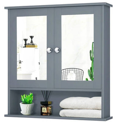 Botiquín/armario de pared para baño de madera gris con puertas de espejo y estante