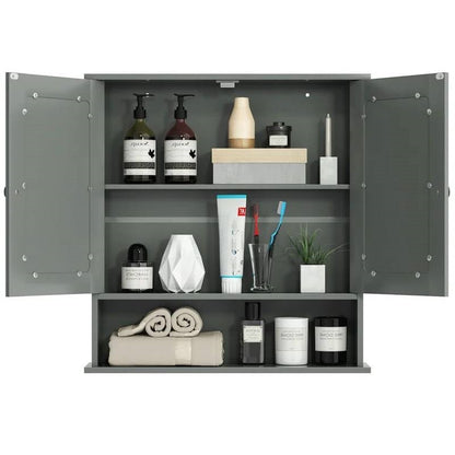Botiquín/armario de pared para baño de madera gris con puertas de espejo y estante