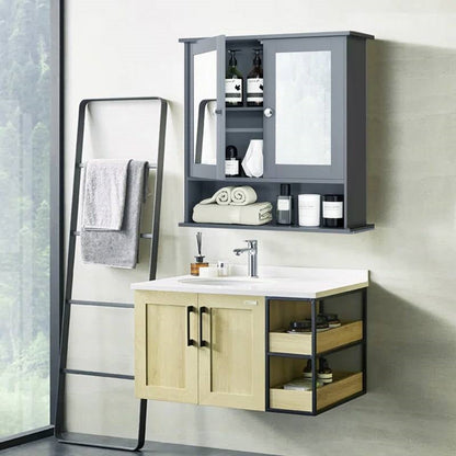 Botiquín/armario de pared para baño de madera gris con puertas de espejo y estante