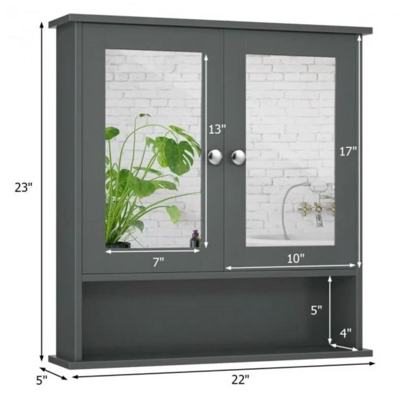 Botiquín/armario de pared para baño de madera gris con puertas de espejo y estante