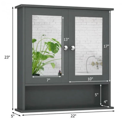 Botiquín/armario de pared para baño de madera gris con puertas de espejo y estante