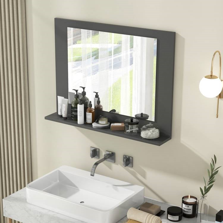 Espejo de baño rectangular de 23 x 17 pulgadas con estante de almacenamiento en acabado de madera gris