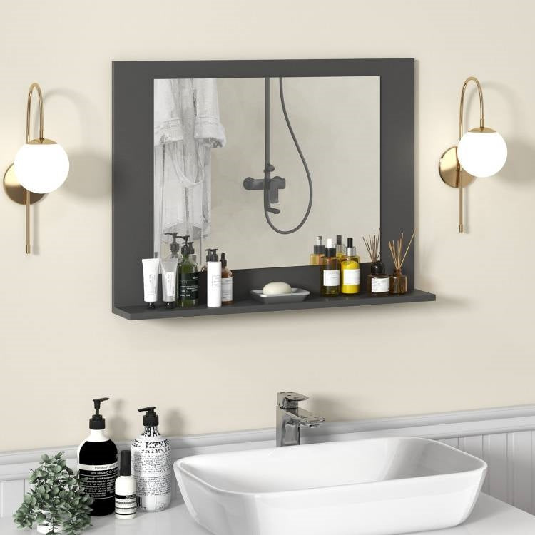 Espejo de baño rectangular de 23 x 17 pulgadas con estante de almacenamiento en acabado de madera gris