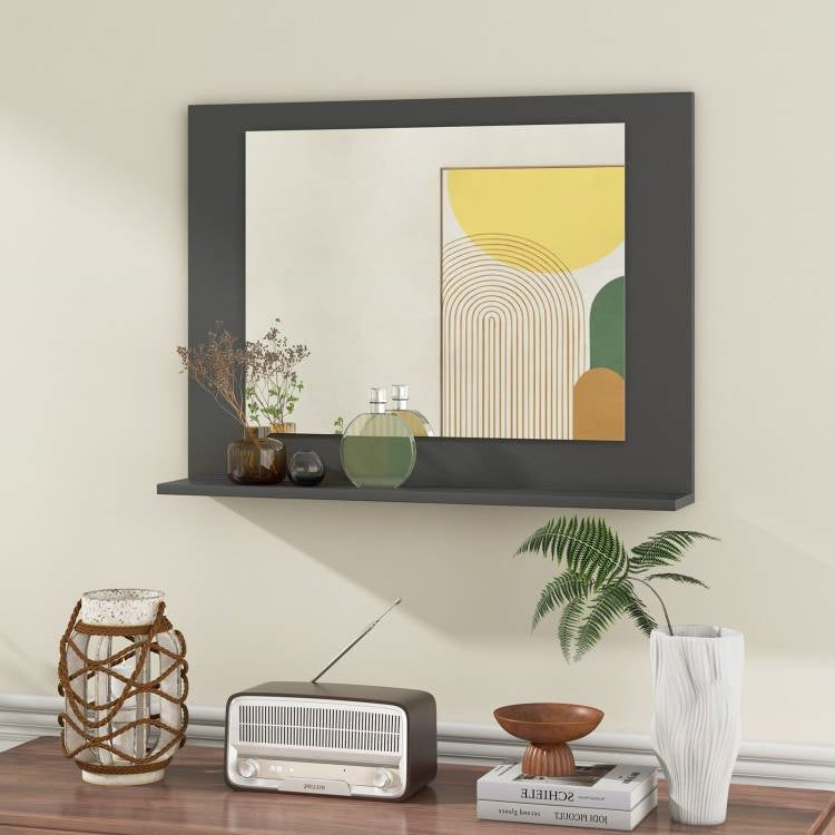 Espejo de baño rectangular de 23 x 17 pulgadas con estante de almacenamiento en acabado de madera gris