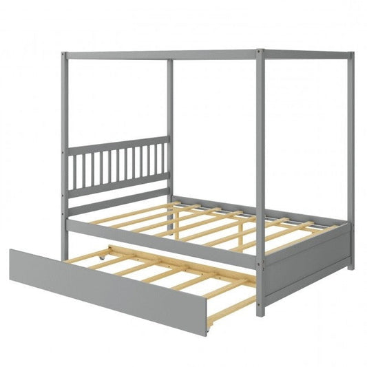 Gray Full Size Canopy Platform Bed with Twin Roller Trundle Bed - Tampa Home & Garden Store