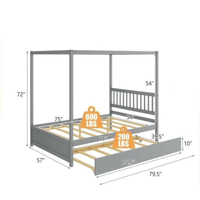 Cama con dosel de plataforma tamaño matrimonial gris con cama nido doble con ruedas