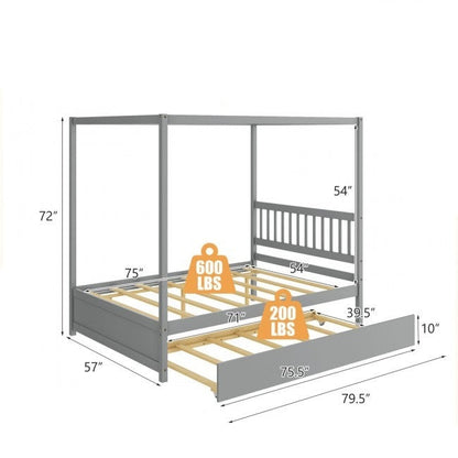 Cama con dosel de plataforma tamaño matrimonial gris con cama nido doble con ruedas