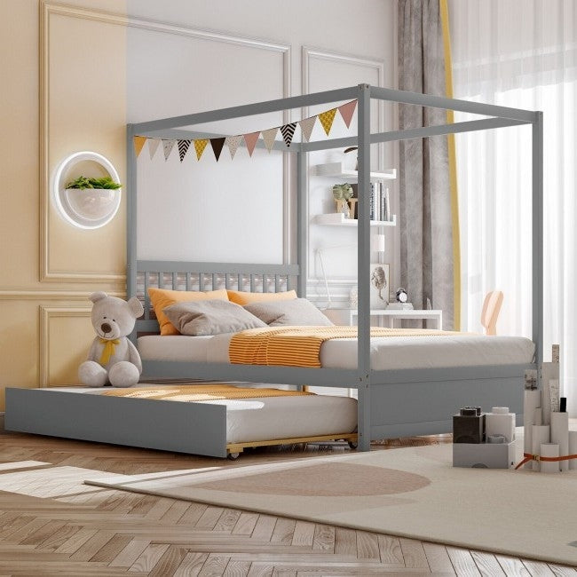 Cama con dosel de plataforma tamaño matrimonial gris con cama nido doble con ruedas