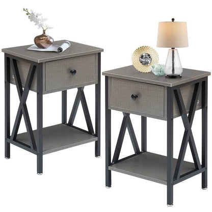Juego de 2 - Mesa de Noche de 1 Cajón con Acabado en Madera Gris y Negro