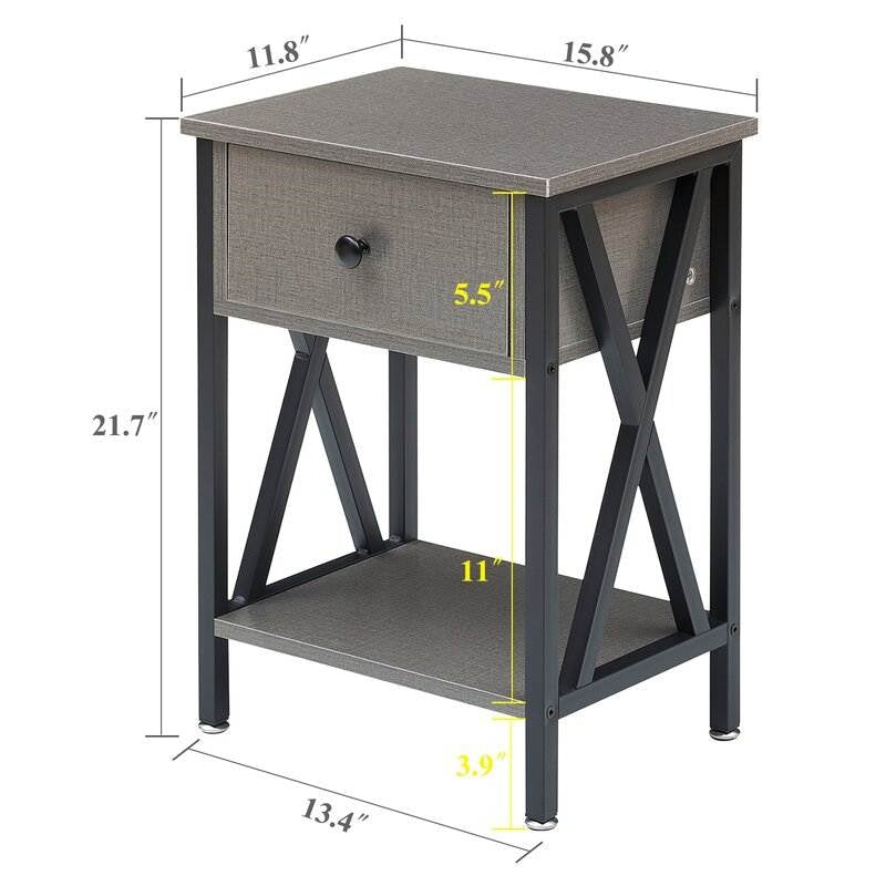 Juego de 2 - Mesa de Noche de 1 Cajón con Acabado en Madera Gris y Negro