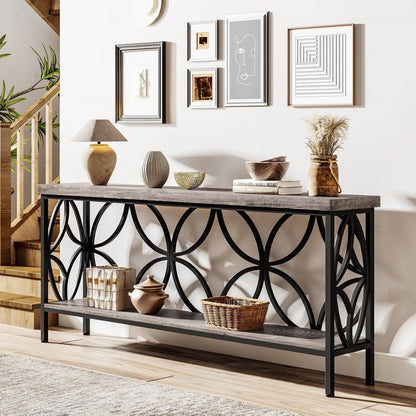 Mesa estrecha moderna de 70 pulgadas para recibidor con tablero y estante de madera gris