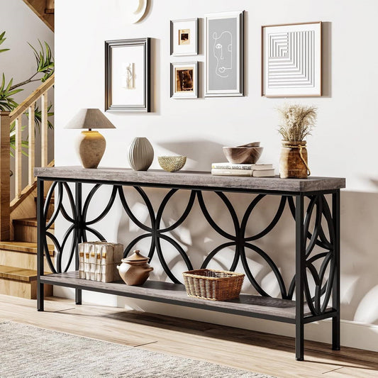 Mesa estrecha moderna de 70 pulgadas para recibidor con tablero y estante de madera gris
