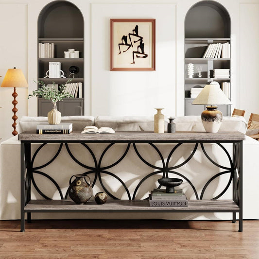 Mesa estrecha moderna de 70 pulgadas para recibidor con tablero y estante de madera gris