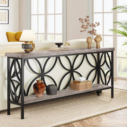 Mesa estrecha moderna de 70 pulgadas para recibidor con tablero y estante de madera gris