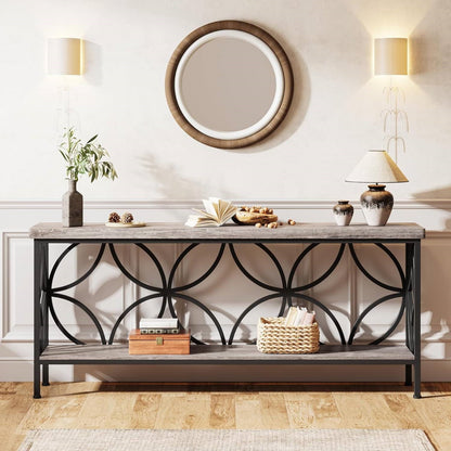 Mesa estrecha moderna de 70 pulgadas para recibidor con tablero y estante de madera gris