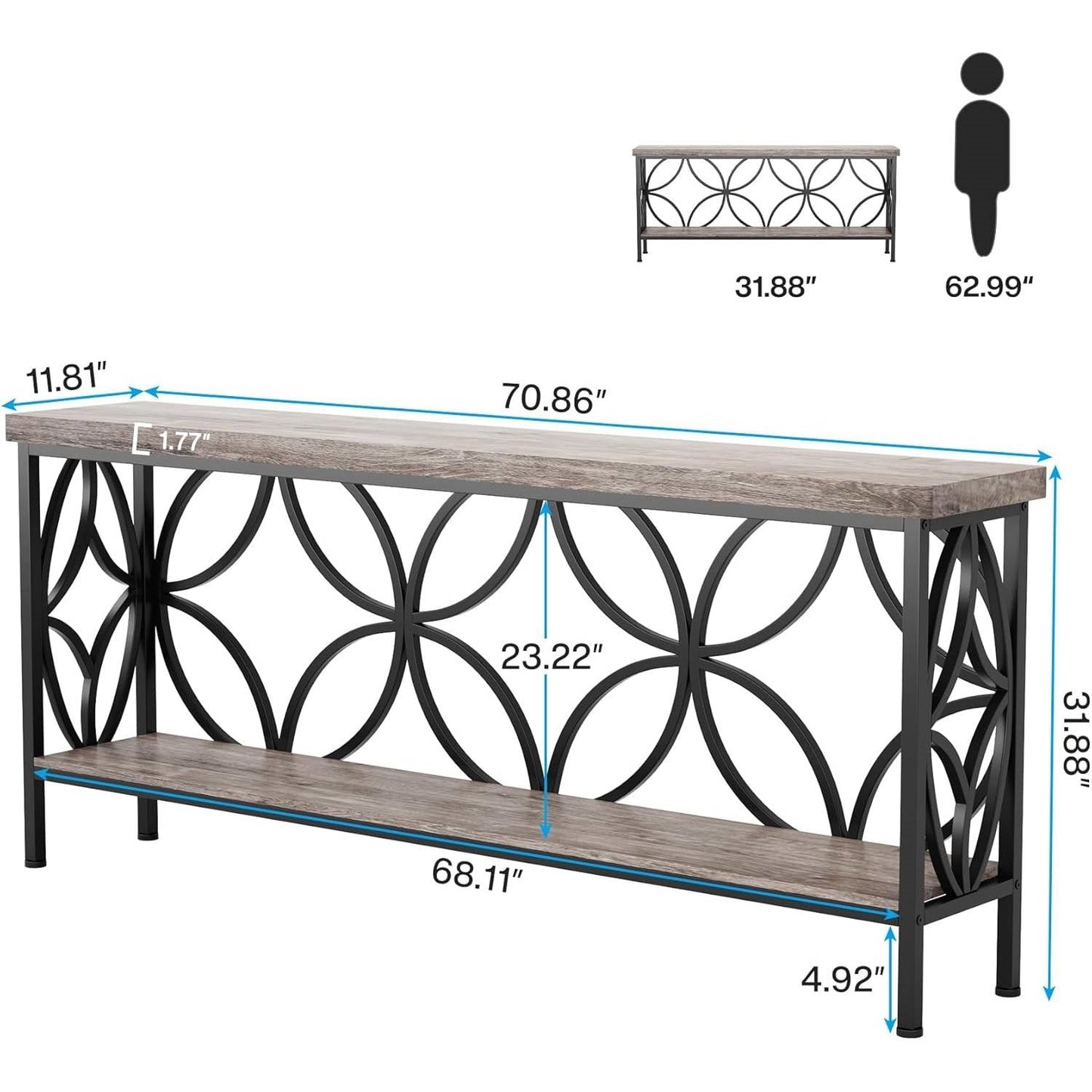 Mesa estrecha moderna de 70 pulgadas para recibidor con tablero y estante de madera gris