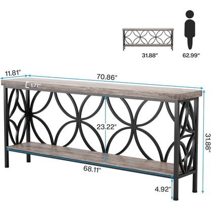 Mesa estrecha moderna de 70 pulgadas para recibidor con tablero y estante de madera gris