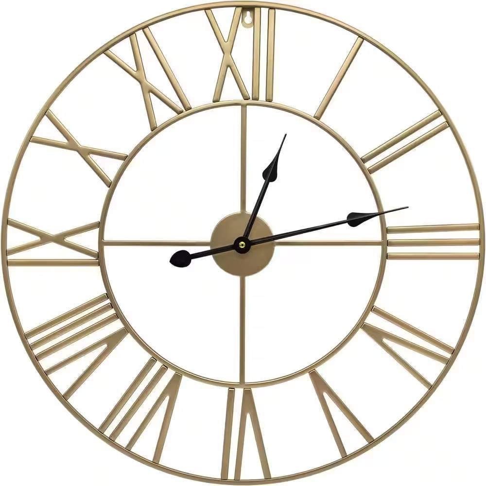 Reloj de Pared Decorativo de Metal Dorado de 24 Pulgadas, con Números Romanos y Manecillas Negras - Ronda