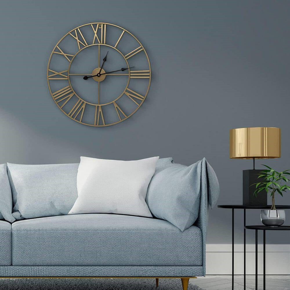Reloj de Pared Decorativo de Metal Dorado de 24 Pulgadas, con Números Romanos y Manecillas Negras - Ronda