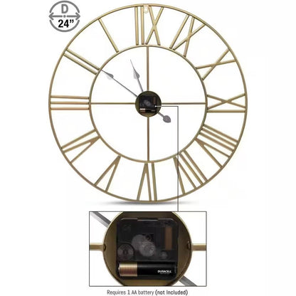 Reloj de Pared Decorativo de Metal Dorado de 24 Pulgadas, con Números Romanos y Manecillas Negras - Ronda