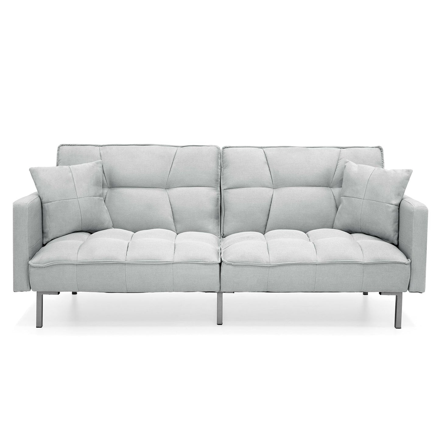 Futón convertible de lino con diseño de respaldo dividido, tapizado de felpa gris con 2 almohadas