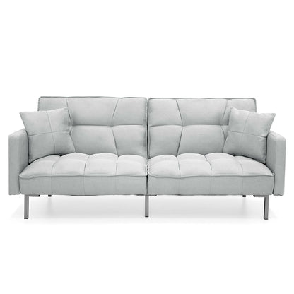 Futón convertible de lino con diseño de respaldo dividido, tapizado de felpa gris con 2 almohadas