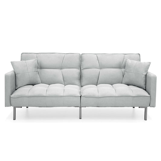 Plush Gray Split-Back Design Convertible Linen Tufted Futon w/ 2 Pillows - Tampa Home & Garden Store