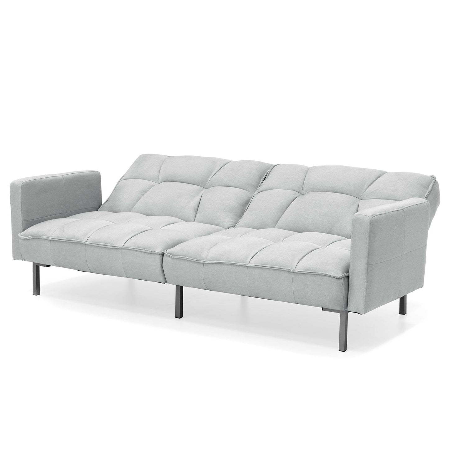 Futón convertible de lino con diseño de respaldo dividido, tapizado de felpa gris con 2 almohadas