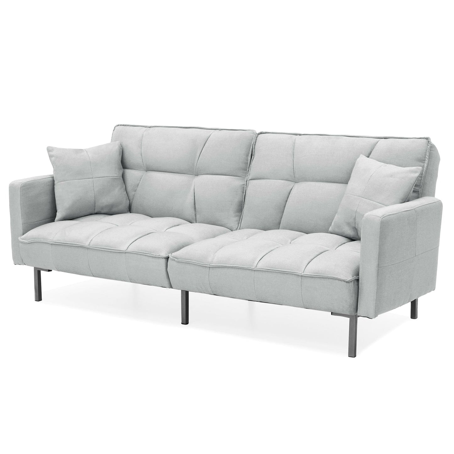 Futón convertible de lino con diseño de respaldo dividido, tapizado de felpa gris con 2 almohadas
