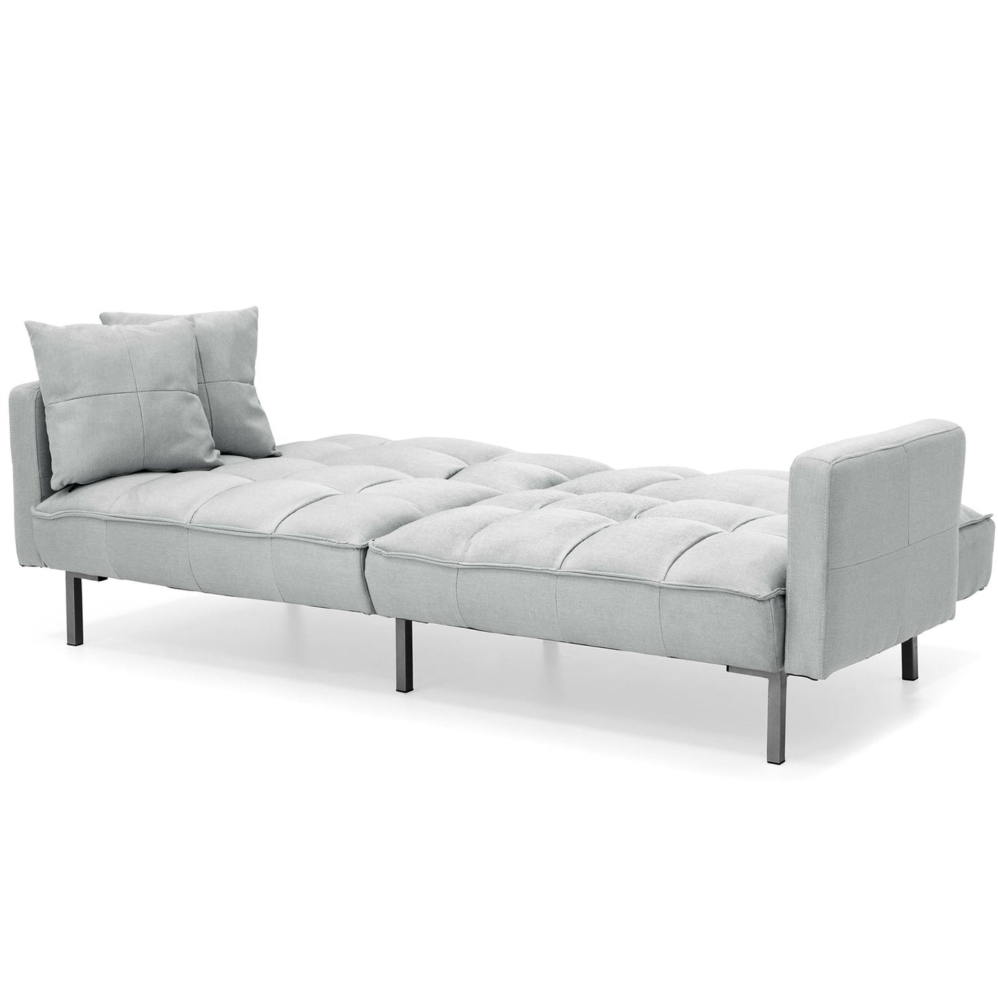 Futón convertible de lino con diseño de respaldo dividido, tapizado de felpa gris con 2 almohadas