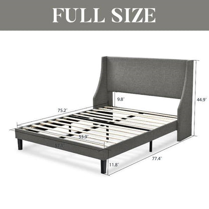 Cama de plataforma tapizada tamaño matrimonial gris lino mezcla con cabecera alada