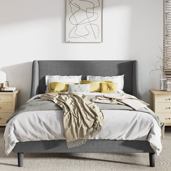 Cabecero y cama de plataforma King Size tapizados en lino mezclado con orejeras en color gris