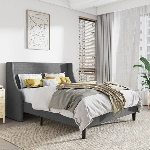 Cabecero y cama de plataforma King Size tapizados en lino mezclado con orejeras en color gris