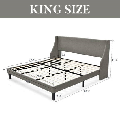 Cabecero y cama de plataforma King Size tapizados en lino mezclado con orejeras en color gris