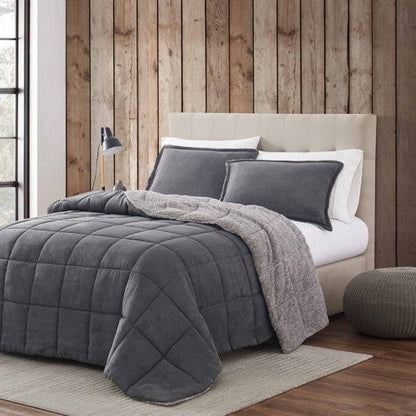 Juego de edredón de microgamuza reversible King Plush Sherpa en gris