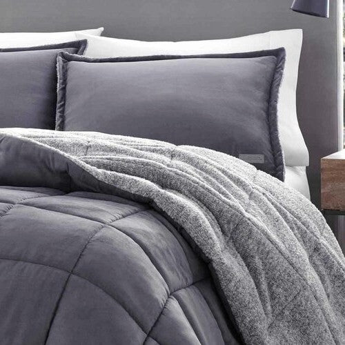 Juego de edredón de microgamuza reversible King Plush Sherpa en gris