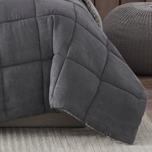 Juego de edredón de microgamuza reversible King Plush Sherpa en gris